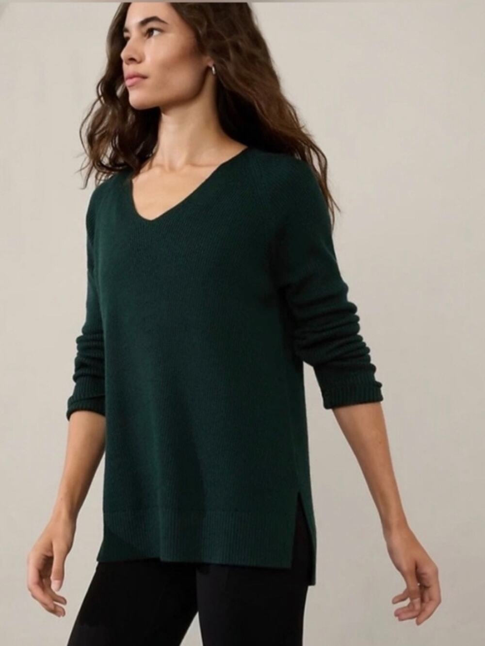 Athleta Cypress Wool Blend Hanover Refined V-Neck Sweater Green Sz L